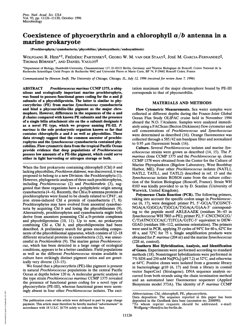 Coexistence of Phycoerythrin and a Chlorophyll A/B Antenna in a Marine Prokaryote (Prochlorophyta/Cyanobacteria/Phycobilins/Photosynthesis/Endosymbiosis) WOLFGANG R