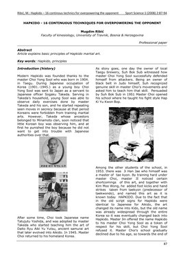 Hapkido – 16 Continous Technics for Overpowering the Opponent Sport Science 1 (2008) 2:87‐94