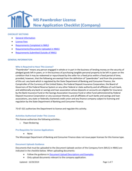 MS Pawnbroker License New Application Checklist (Company)