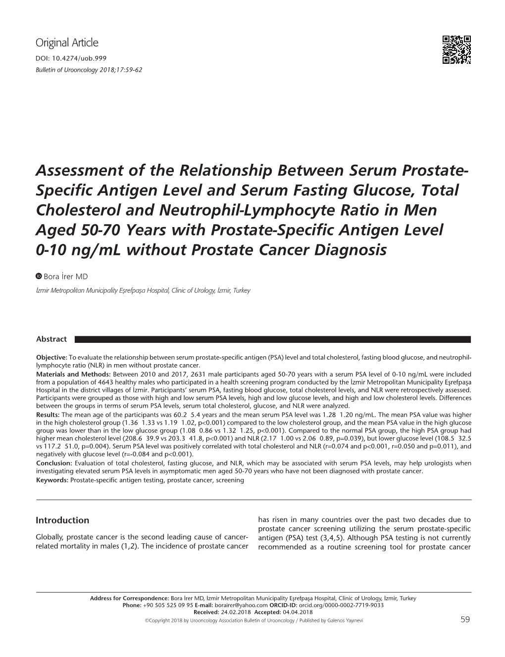 Specific Antigen Level and Serum Fasting Glucose, Total Cholesterol