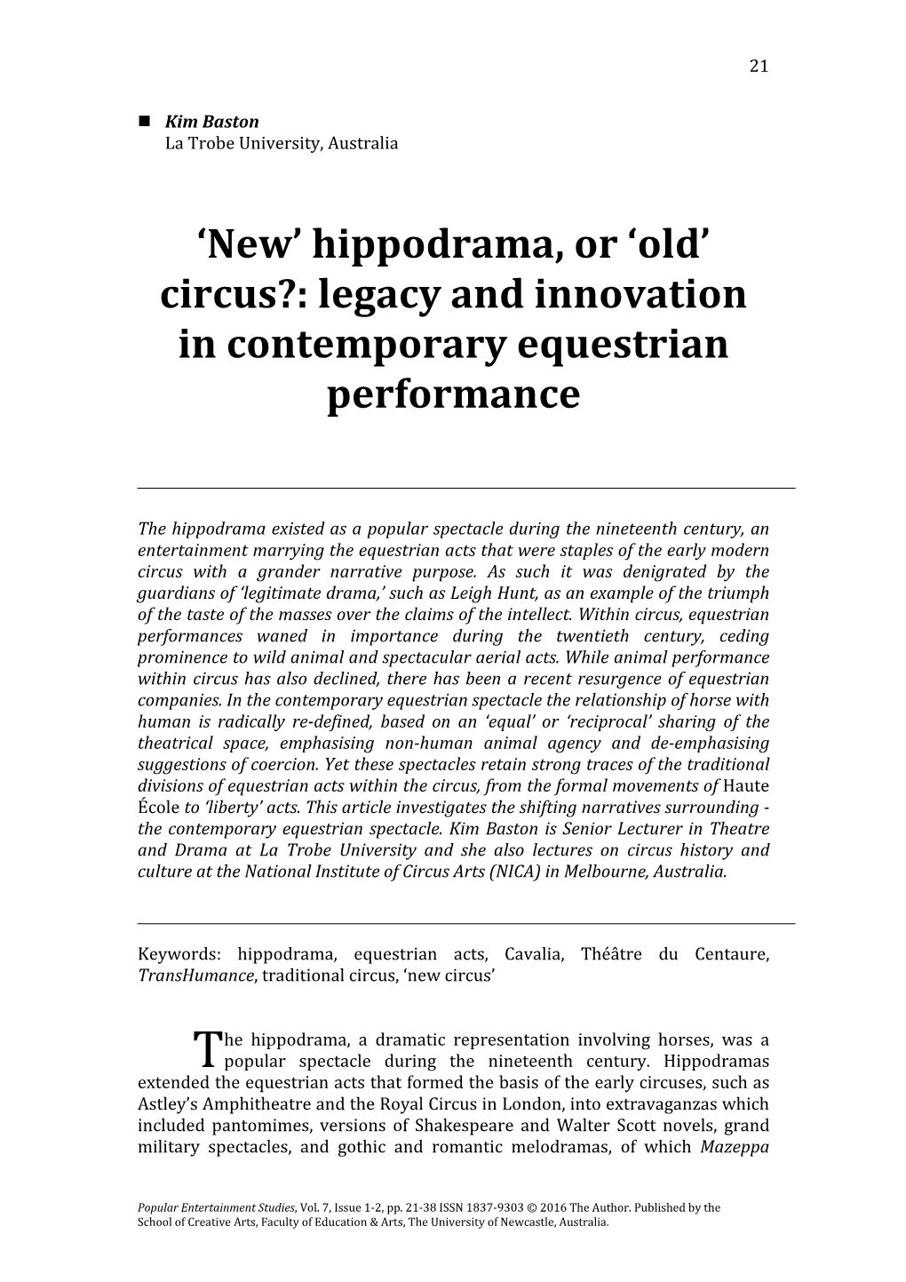Hippodrama, Or ‘Old’ Circus?: Legacy and Innovation in Contemporary Equestrian Performance