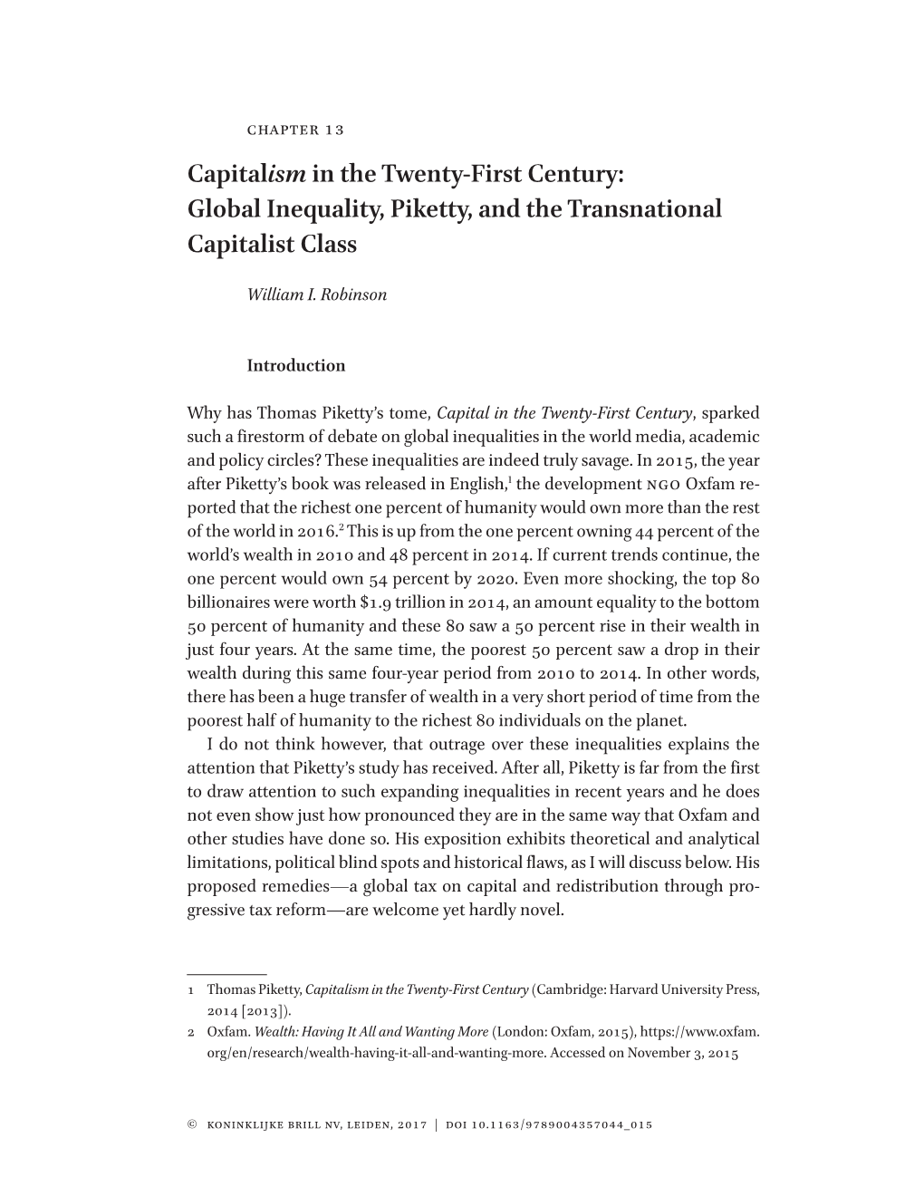 Capitalism in the Twenty-First Century: Global Inequality, Piketty, and the Transnational Capitalist Class