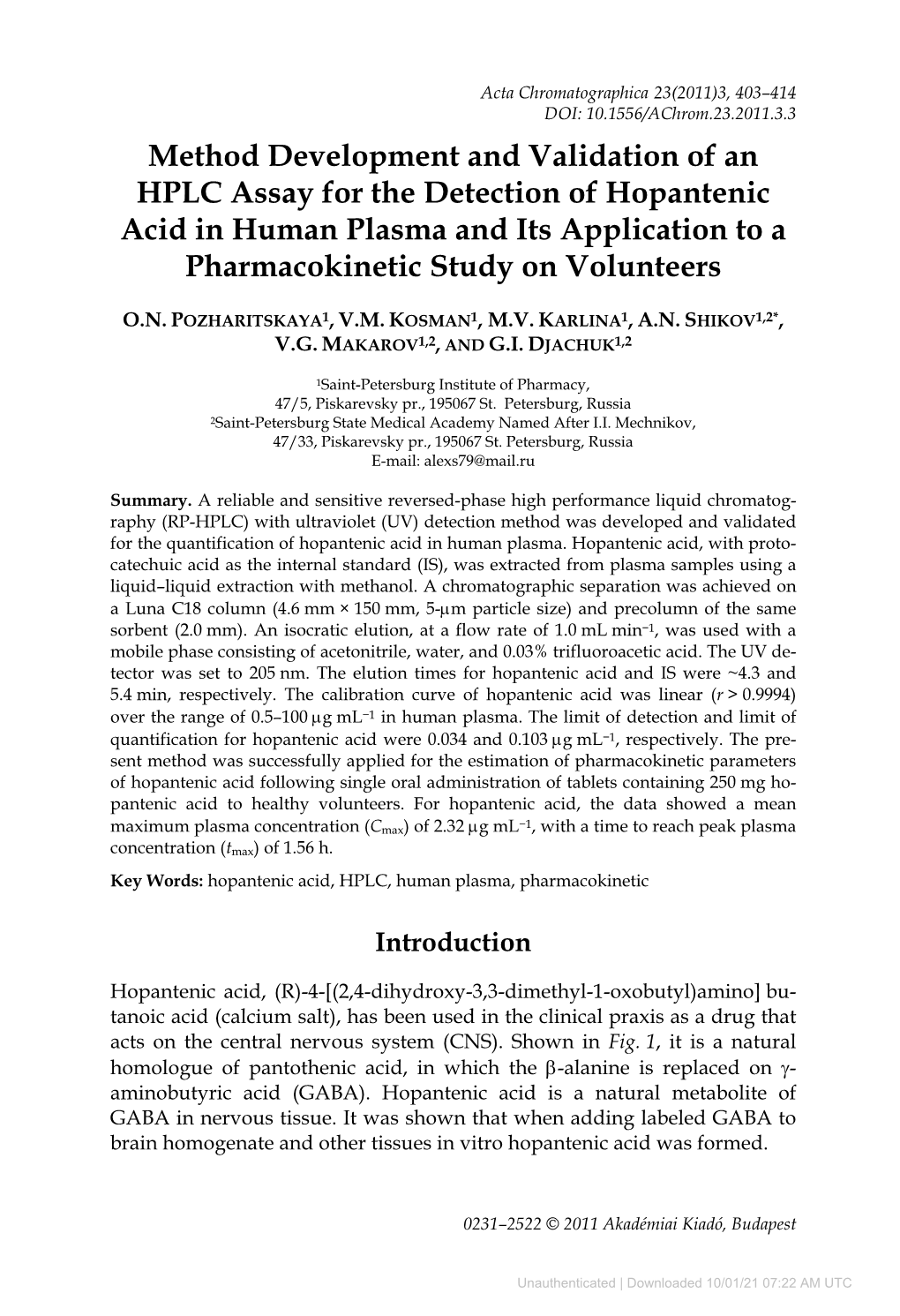 Method Development and Validation of an HPLC Assay for the Detection of Hopantenic Acid in Human Plasma and Its Application to a Pharmacokinetic Study on Volunteers