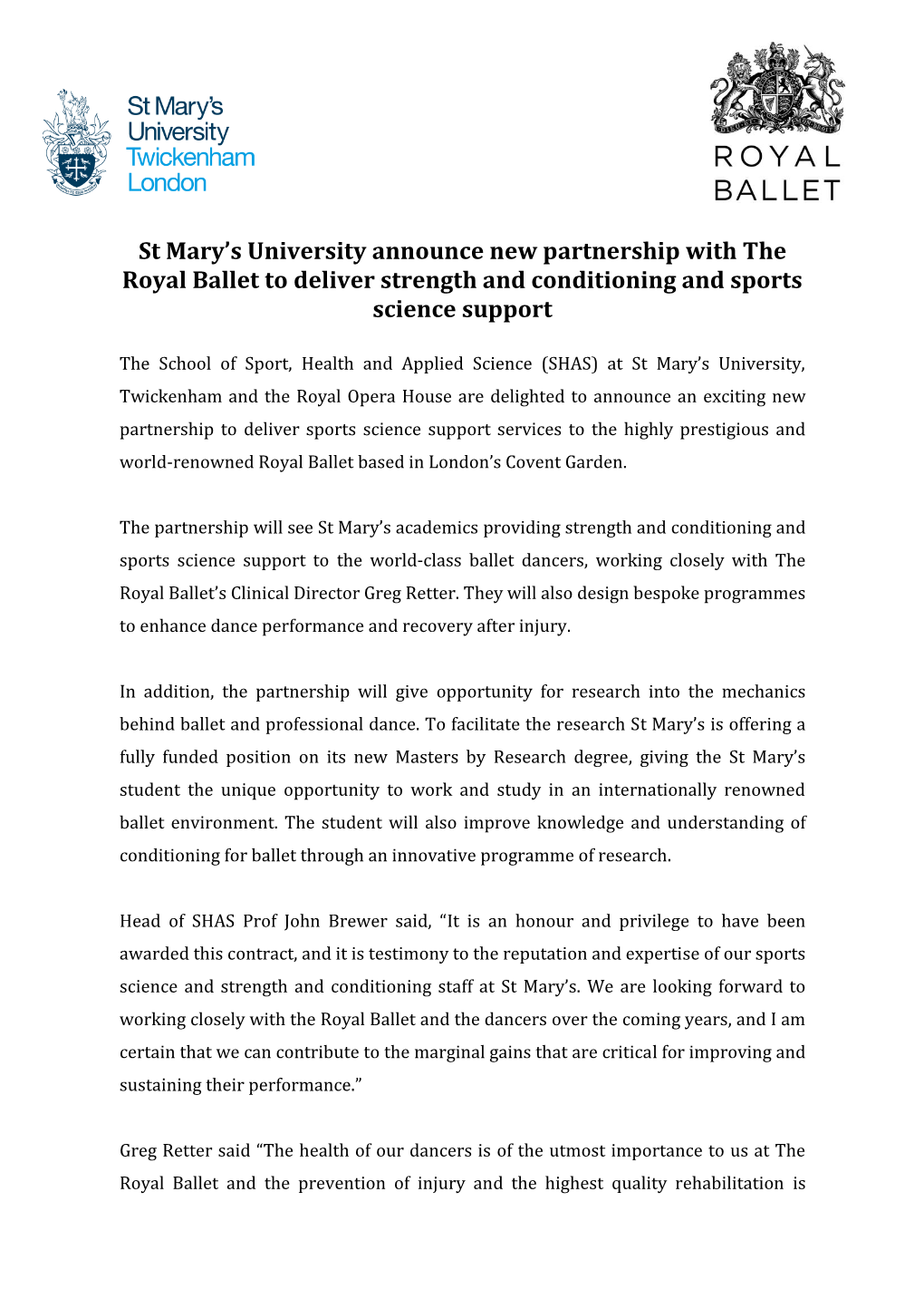 St Mary's University Announce New Partnership with the Royal Ballet To