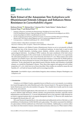 Bark Extract of the Amazonian Tree Endopleura Uchi (Humiriaceae) Extends Lifespan and Enhances Stress Resistance in Caenorhabditis Elegans