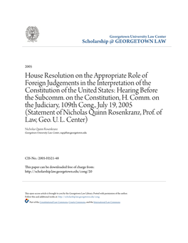 House Resolution on the Appropriate Role of Foreign Judgements in the Interpretation of the Constitution of the United States: Hearing Before the Subcomm