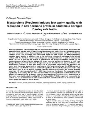 Mesterolone (Proviron) Induces Low Sperm Quality with Reduction in Sex Hormone Profile in Adult Male Sprague Dawley Rats Testis