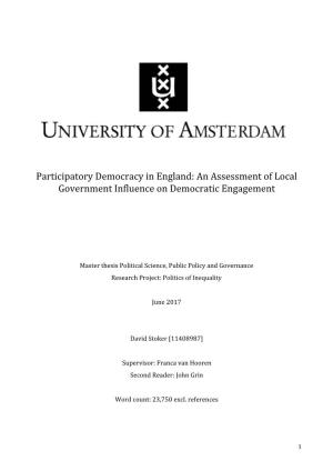 Participatory Democracy in England: an Assessment of Local Government Influence on Democratic Engagement