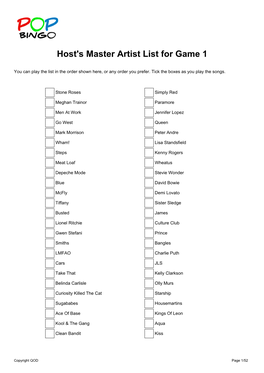 Host's Master Artist List for Game 1