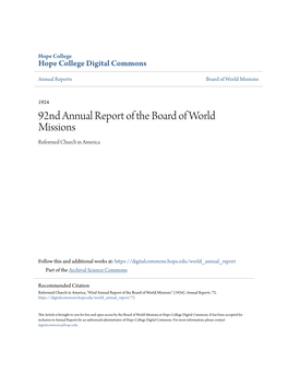 92Nd Annual Report of the Board of World Missions Reformed Church in America