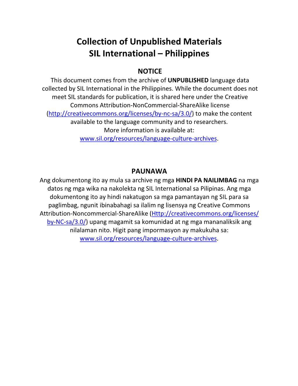 Collection of Unpublished Materials SIL International – Philippines