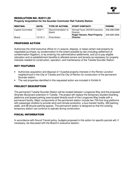 RESOLUTION NO. R2011-20 Property Acquisition for the Sounder Commuter Rail Tukwila Station