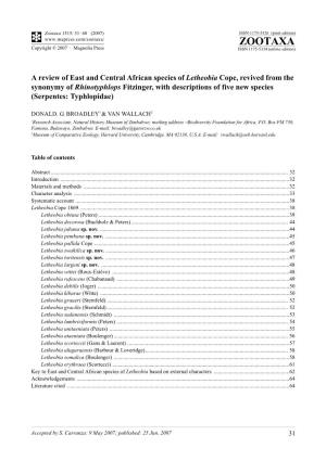 Zootaxa,A Review of East and Central African Species of Letheobia Cope