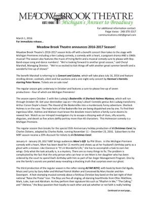 Meadow Brook Theatre Announces 2016-2017 Season!