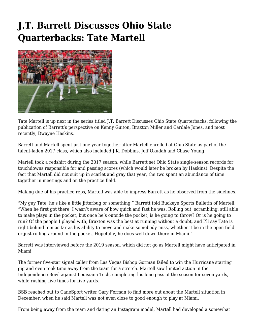 J.T. Barrett Discusses Ohio State Quarterbacks: Tate Martell