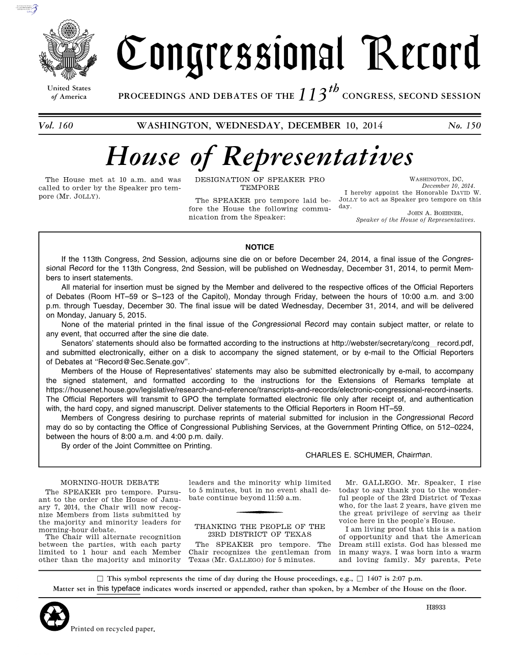 Congressional Record United States Th of America PROCEEDINGS and DEBATES of the 113 CONGRESS, SECOND SESSION