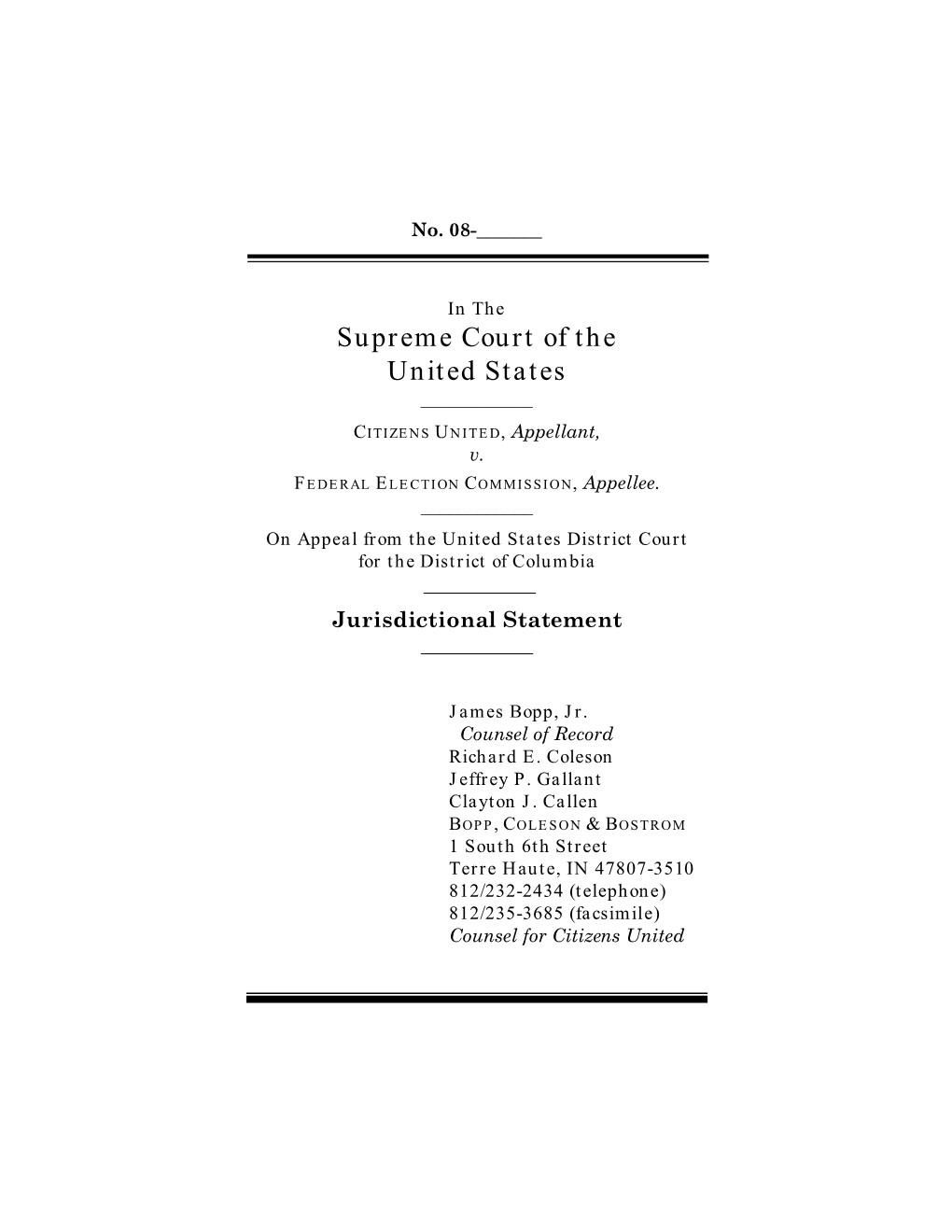 Jurisdictional Statement of Citizens United