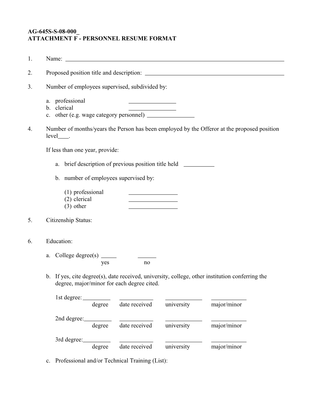 Attachment F - Personnel Resume Format