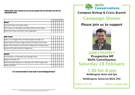Campaign Dinner Saturday 28 February 7.30 for 8 Pm
