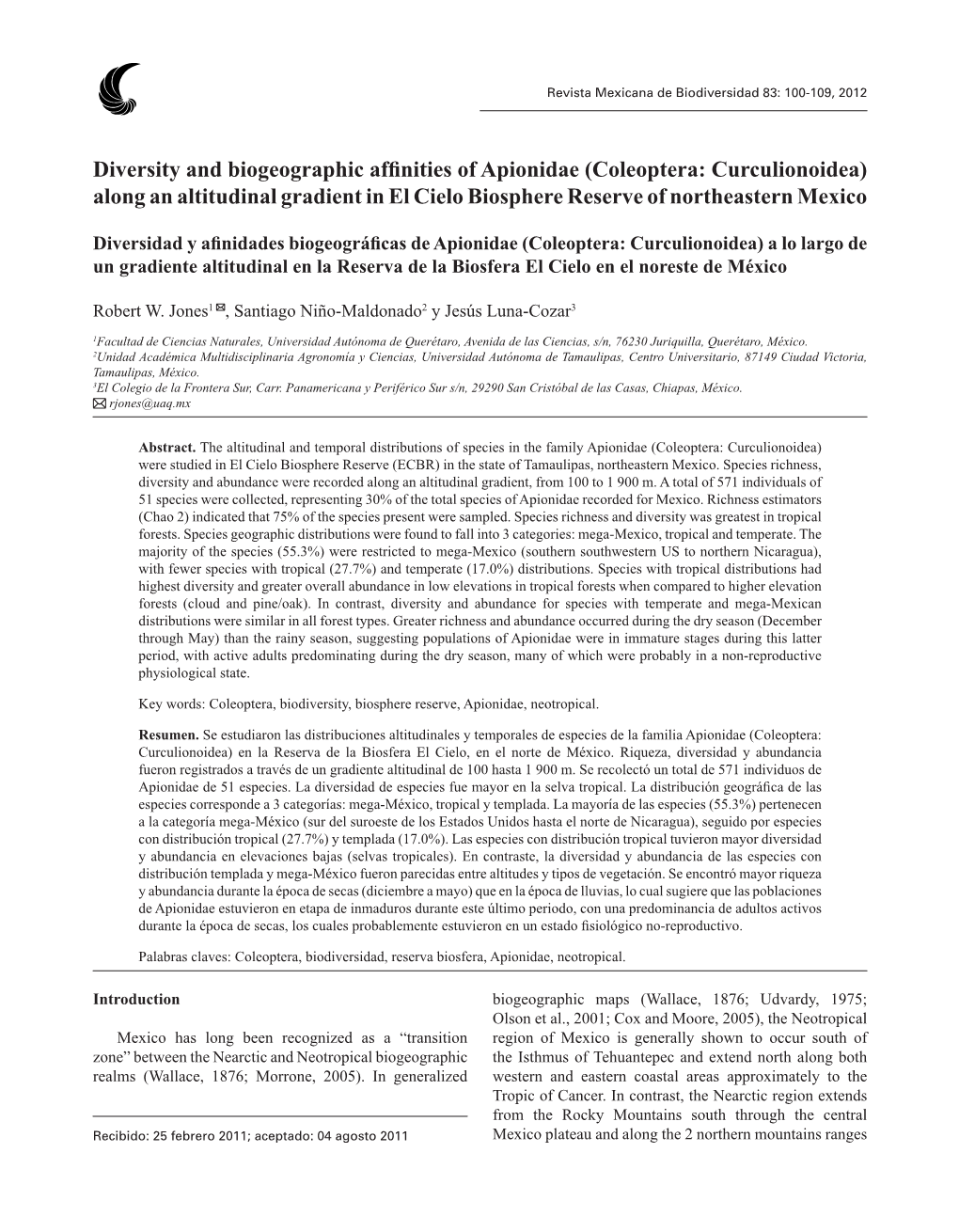 (Coleoptera: Curculionoidea) Along an Altitudinal Gradient in El Cielo Biosphere Reserve of Northeastern Mexico