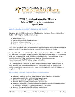 STEM Education Innovation Alliance Potential 2017 Policy Recommendations April 28, 2016