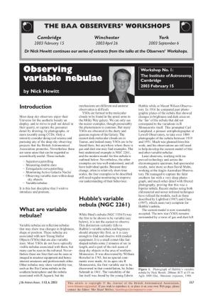 Observing Variable Nebulae Variable Nebulae Available to Amateur Observers Seen Again Until 1890 When It Was Barely Recovered by E