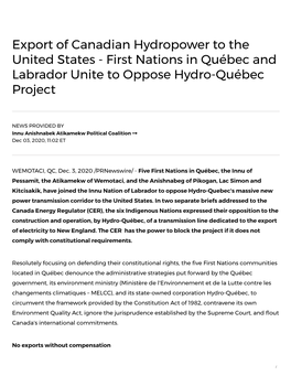 Export of Canadian Hydropower to the United States - First Nations in Québec and Labrador Unite to Oppose Hydro-Québec Project