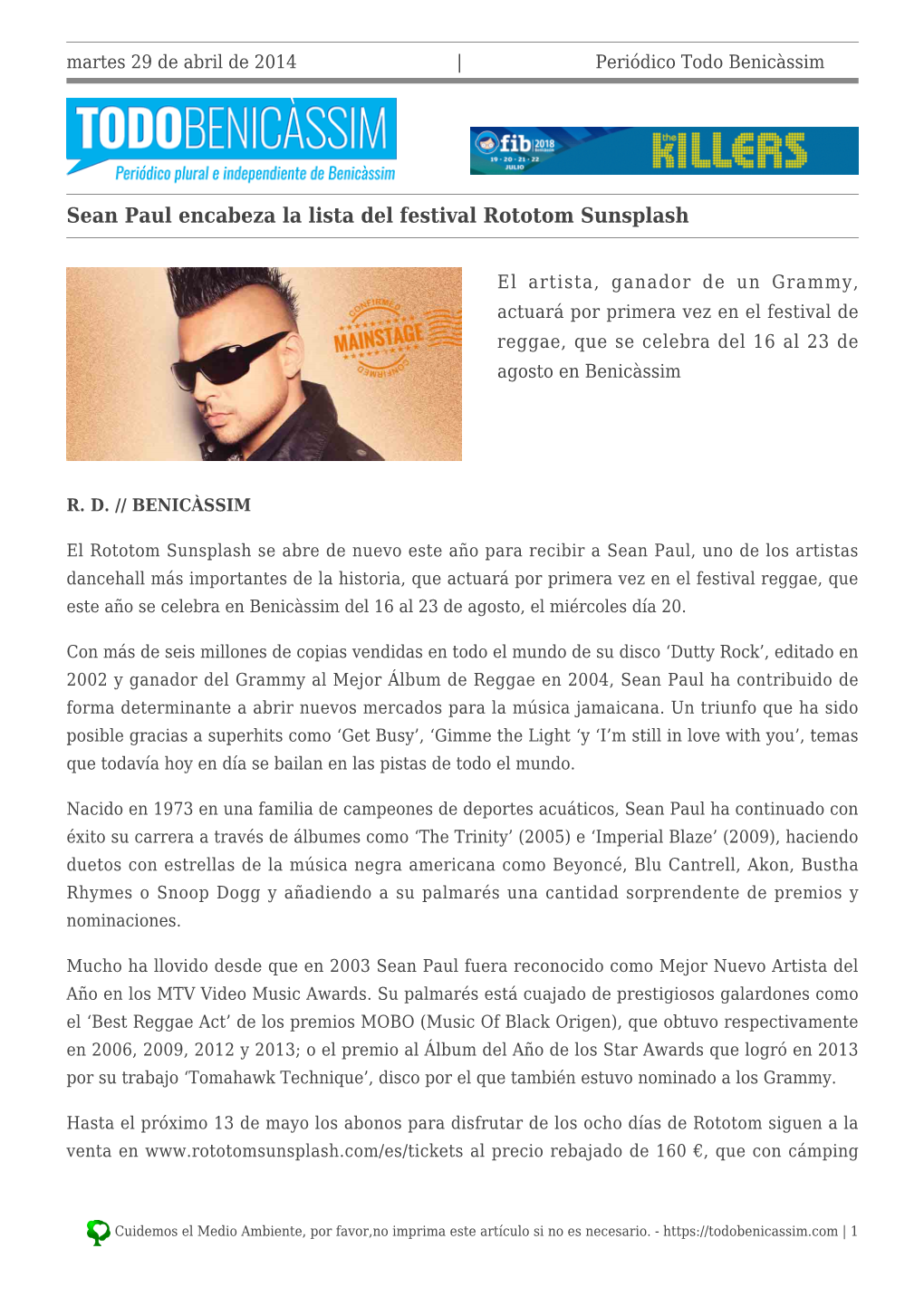 Sean Paul Encabeza La Lista Del Festival Rototom Sunsplash