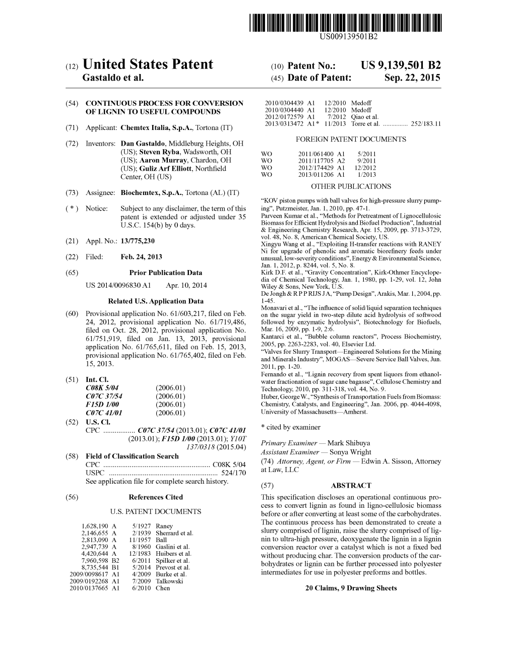 (12) United States Patent (10) Patent No.: US 9,139,501 B2 Gastaldo Et Al