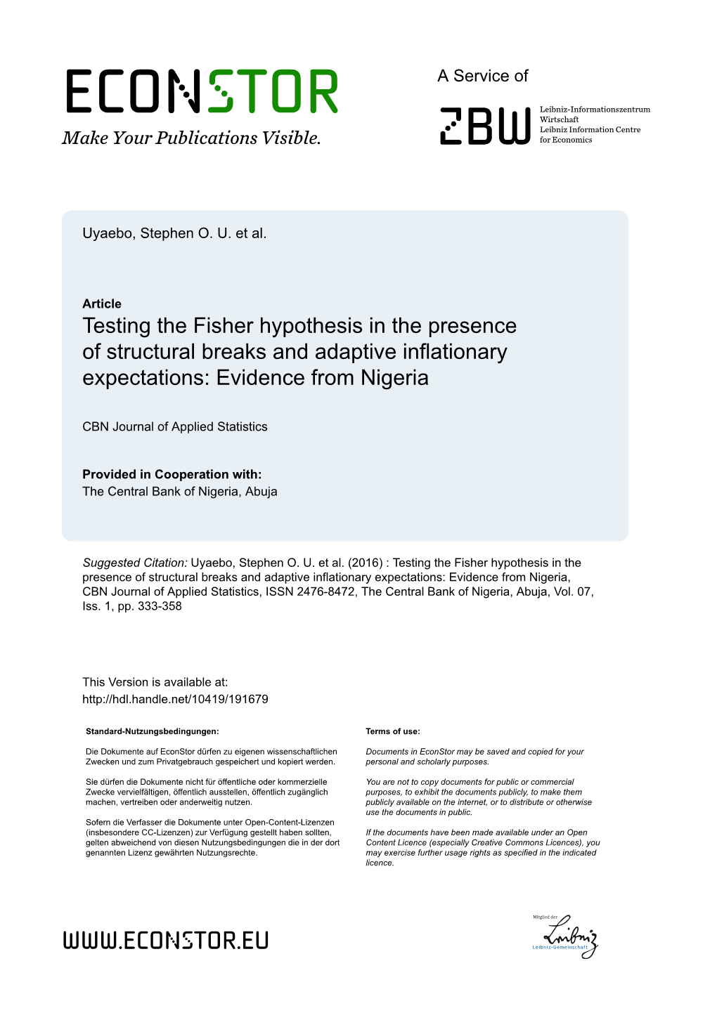 Testing the Fisher Hypothesis in the Presence of Structural Breaks and Adaptive Inflationary Expectations: Evidence from Nigeria