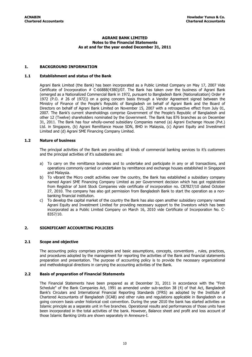 AGRANI BANK LIMITED Notes to the Financial Statements As at and for the Year Ended December 31, 2011