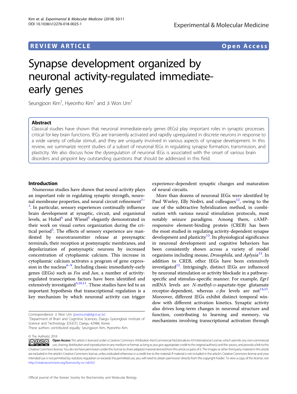 Synapse Development Organized by Neuronal Activity-Regulated Immediate- Early Genes Seungjoon Kim1, Hyeonho Kim1 and Ji Won Um1