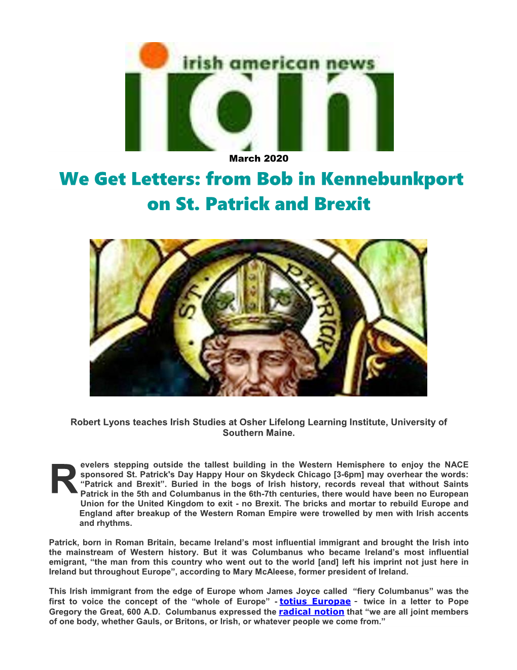 We Get Letters: from Bob in Kennebunkport on St. Patrick