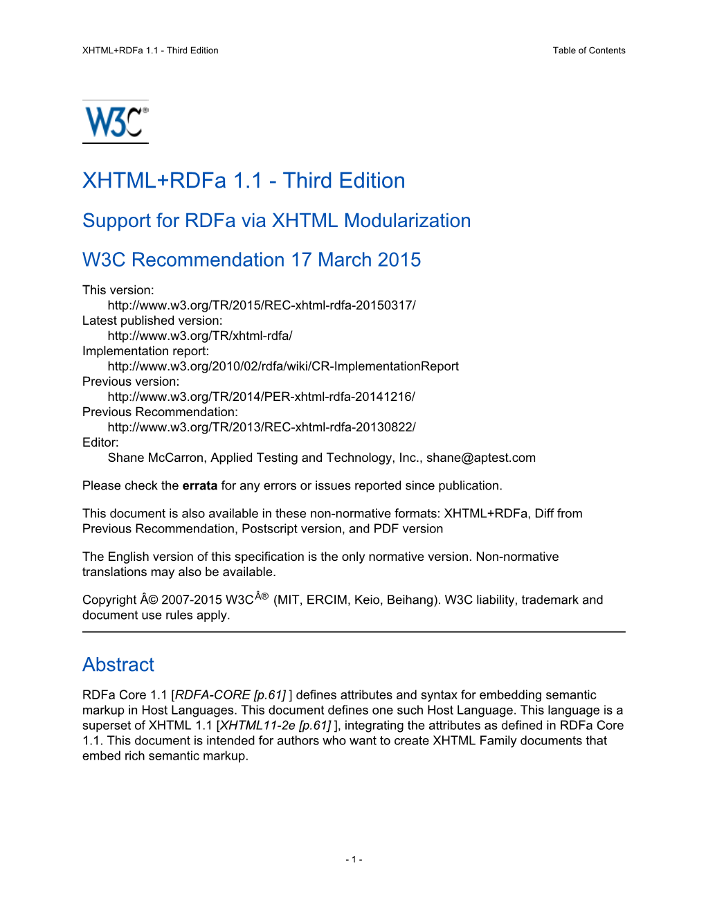 XHTML+Rdfa 1.1 - Third Edition Table of Contents