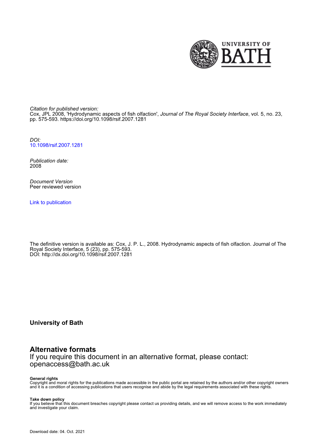 Alternative Formats If You Require This Document in an Alternative Format, Please Contact: Openaccess@Bath.Ac.Uk