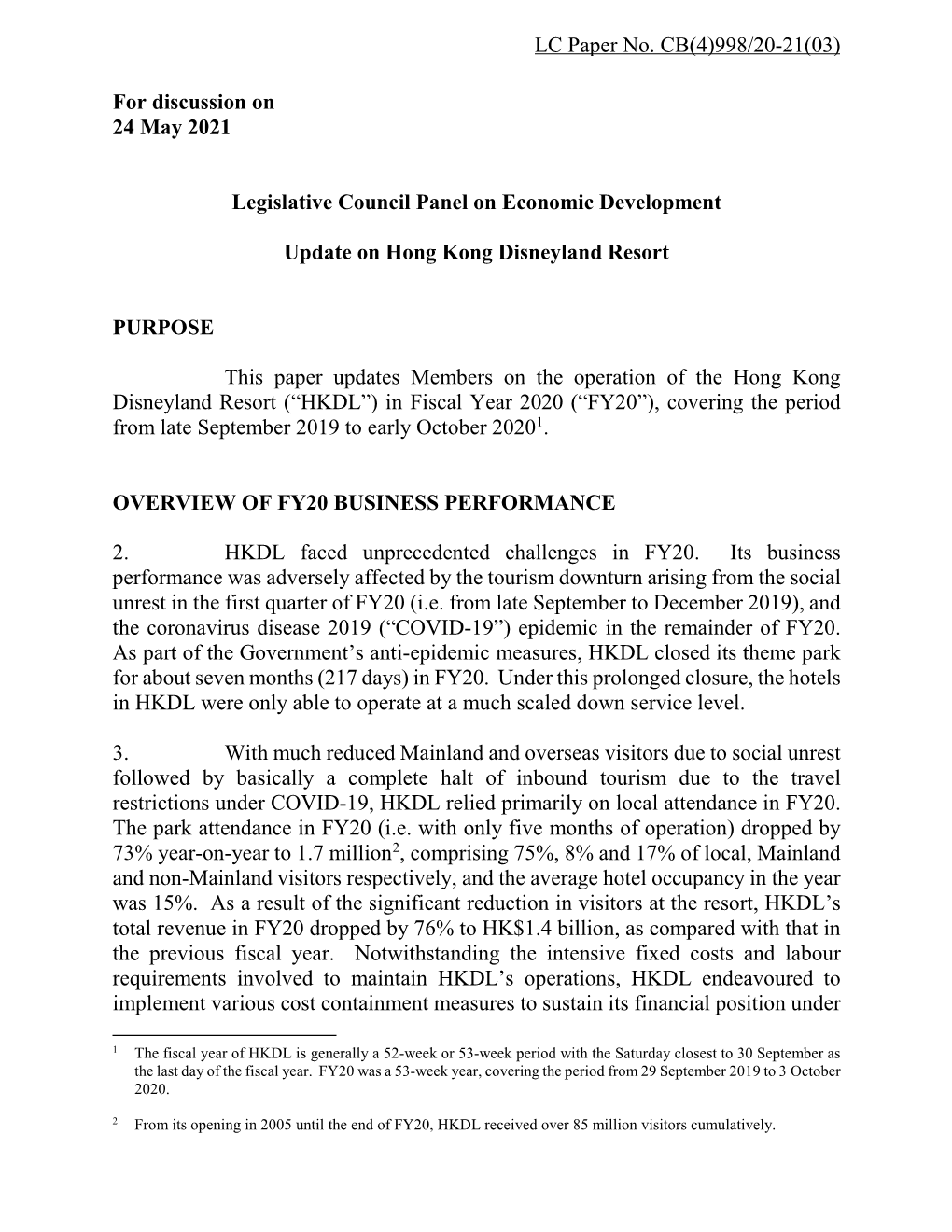 Administration's Paper on the Update on Hong Kong Disneyland Resort