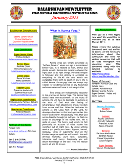 BALABHAVAN NEWSLETTER VEDIC CULTURAL and SPIRITUAL CENTER of SAN DIEGO January 202011111111
