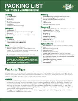 Packing List Two-Week & Month Sessions