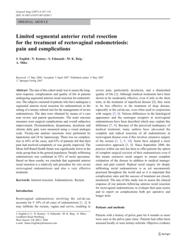 Limited Segmental Anterior Rectal Resection for the Treatment of Rectovaginal Endometriosis: Pain and Complications