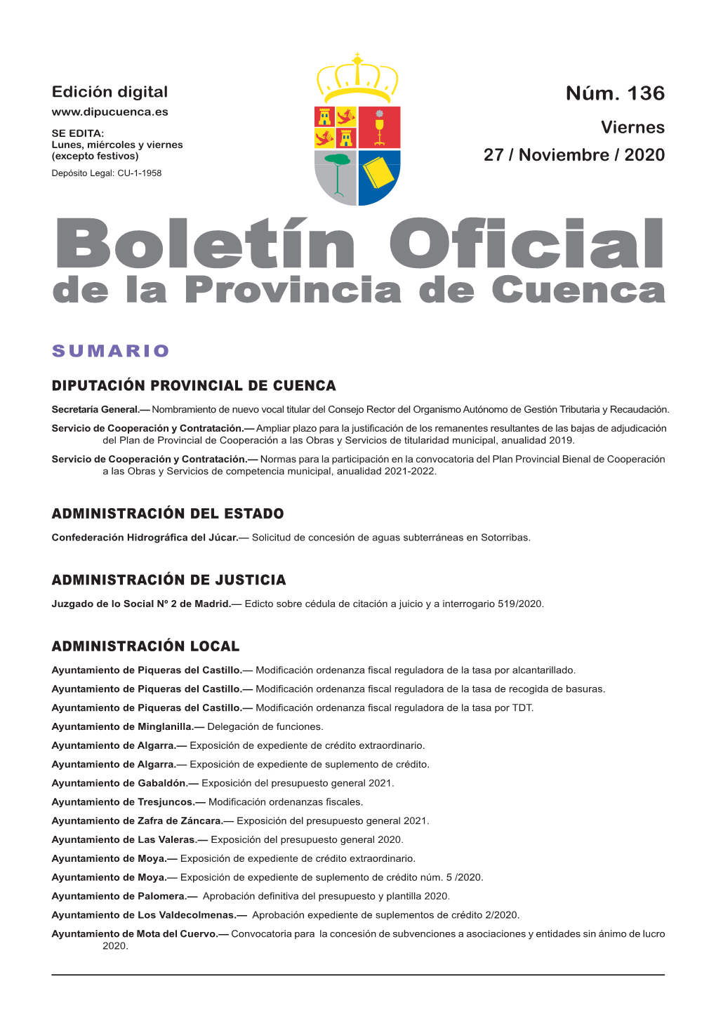 Boletín Oficial De La Provincia De Cuenca Sumario Diputación Provincial De Cuenca