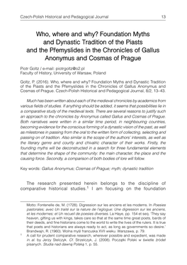 Foundation Myths and Dynastic Tradition of the Piasts and the Přemyslides in the Chronicles of Gallus Anonymus and Cosmas of Prague