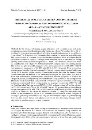 RESIDENTIAL SCALE SOLAR DRIVEN COOLING SYSTEMS VERSUS CONVENTIONAL AIR-CONDITIONING in HOT ARID AREAS: a COMPARATIVE STUDY Ahmed Hamza H