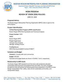 Work Program: Review of Vision Zero Policies