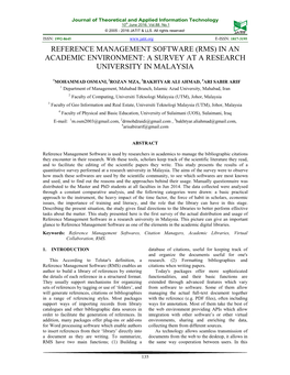 Reference Management Software (Rms) in an Academic Environment: a Survey at a Research University in Malaysia