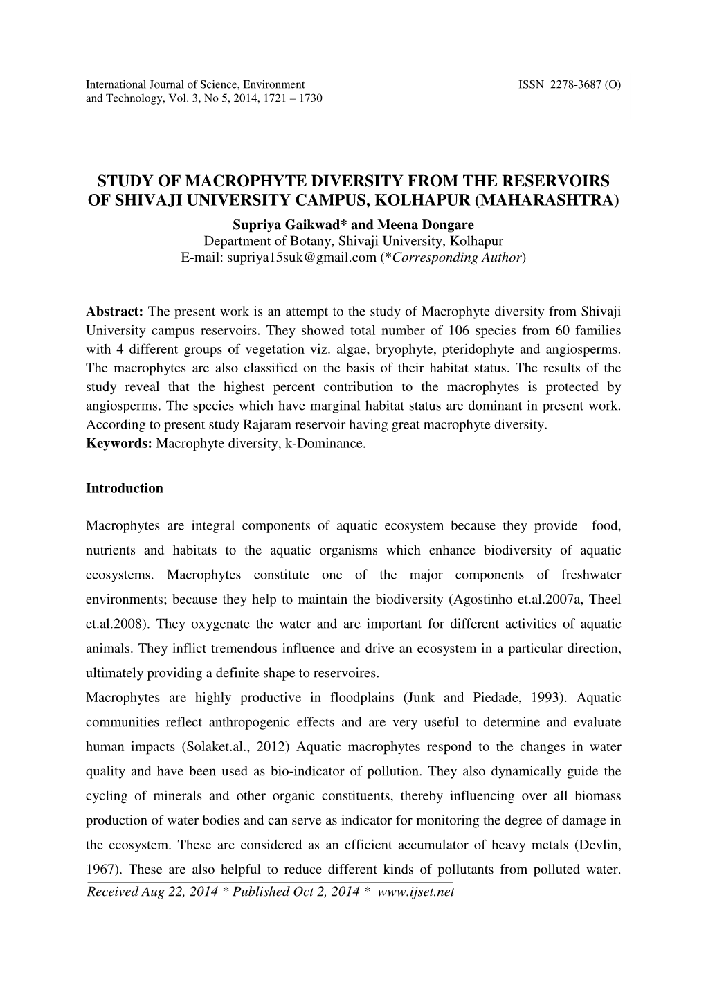 Study of Macrophyte Diversity from The