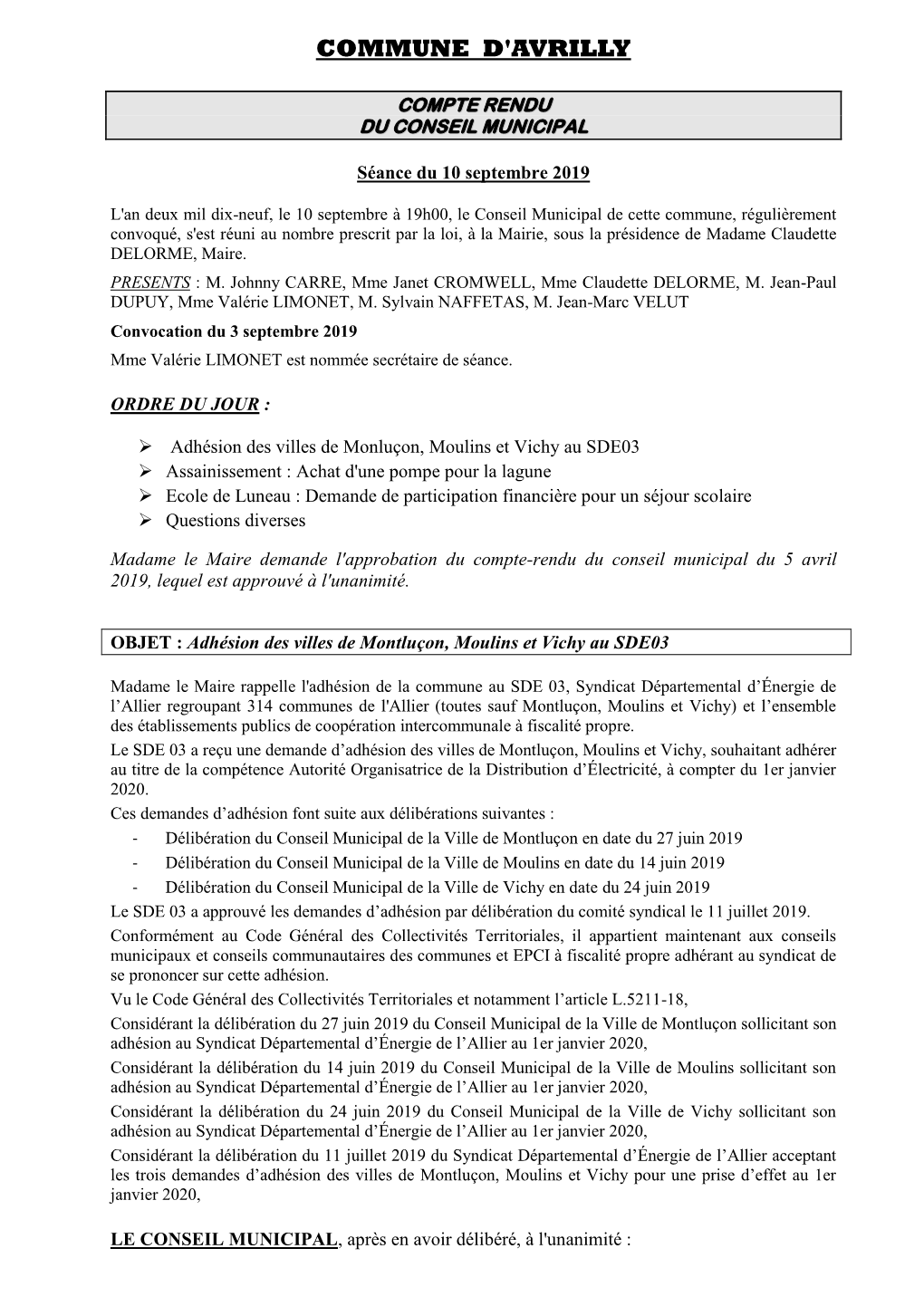 Compte Rendu Du Conseil Municipal