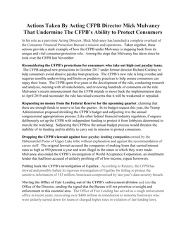 Actions Taken by Acting CFPB Director Mick Mulvaney That Undermine the CFPB’S Ability to Protect Consumers