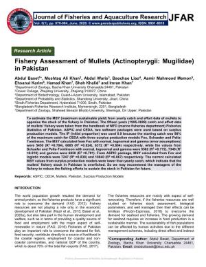 Fishery Assessment of Mullets (Actinopterygii: Mugilidae) in Pakistan
