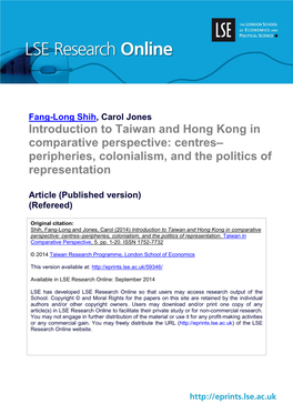 Introduction to Taiwan and Hong Kong in Comparative Perspective: Centres– Peripheries, Colonialism, and the Politics of Representation