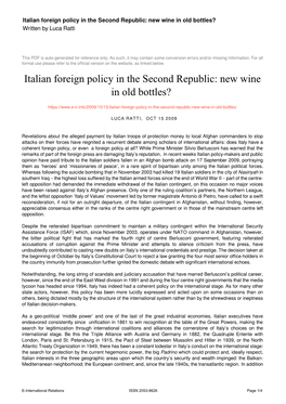 Italian Foreign Policy in the Second Republic: New Wine in Old Bottles? Written by Luca Ratti